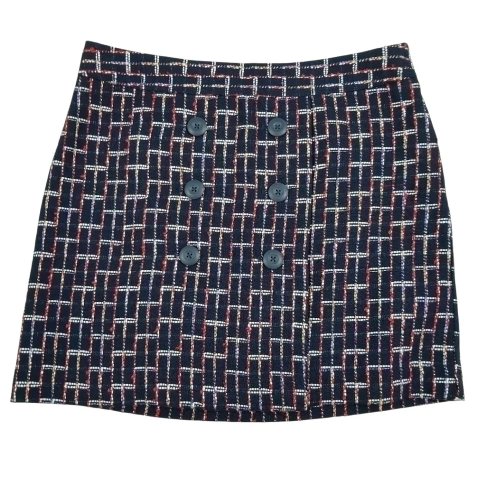 Loft blue, red, white tweed button detail faux wrap mini skirt women's size 8